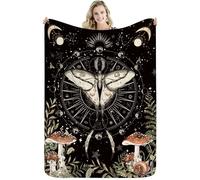 Miyotaa Moth Mushroom Gothic Flannel Blanket 60Wx80H Inch Gift Witchy Mysterious Moon Phase Goth Night Soft Warm Fuzzy Throw Blanket for Couch Sofa Office Bed Travelling Bed Throws Birthday Presents
