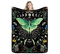 Miyotaa Moth Witchy Gothic Blanket 50Wx60H Inch Moon Phase Teal Wildflower Plant Mysterious Night Moonlit Butterfly Botanical Gift Warm Fuzzy Throw Blanket for Sofa Bed Throws Birthday Presents