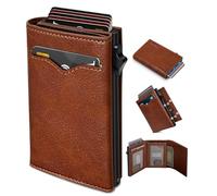 miyozi Wallet for Men,with Cash Pocket 2 ID Window 9-13 Cards,Metal Case Smart Slim Pop Up Credit Card Holder Flip with Magnetic Closure RFID Blocking Trifold wallet with Gift Box, Brick Brown069, One