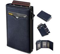 miyozi Wallet for Men,with Cash Pocket 2 ID Window 9-13 Cards,Metal Case Smart Slim Pop Up Credit Card Holder Flip with Magnetic Closure RFID Blocking Trifold wallet with Gift Box, Retro Blue110, One