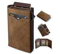 miyozi Wallet for Men,with Cash Pocket 2 ID Window 9-13 Cards,Metal Case Smart Slim Pop Up Credit Card Holder Flip with Magnetic Closure RFID Blocking Trifold wallet with Gift Box, Red Brick107, One