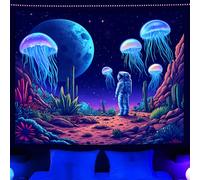 Miytal Blacklight Astronaut Jellyfish Tapestry - UV Reactive Neon Glow in the Dark Space Landscape Wall Hanging, Cosmic Cactus Desert Art Decor for Bedroom, Dorm, Living Room - 51.2" x 59.1"