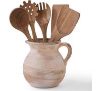 MIYUKI Rustic Kitchen Utensil Holder - 7.6 Inch Ceramic Utensil Crock for Countertop, Vintage Kitchen Counter Decor