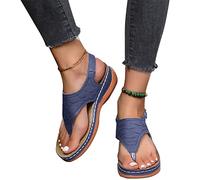 MIYYO Women's Orthopedic Sandals Retro Toe Post Sandals Comfort Walking Slippers With Arch Support PU Leather Platform Sandals Leisure Boho Beach Shoes (Color : Blue, Size : 6 UK)