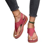 MIYYO Women's Orthopedic Sandals Retro Toe Post Sandals Comfort Walking Slippers With Arch Support PU Leather Platform Sandals Leisure Boho Beach Shoes (Color : Red, Size : 4.5 UK)