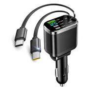 Mizi [2025 Upgraded] Retractable Car Charger 5 in 1, 69W Fast Charging with 2X Retractable Cords [Type-C], 2X Type-C & 1X Type-A Port for iPhone 16/15/14/13/12, Samsung, and More - Black