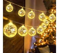 mizikuu 10 LED Disco Ball String Lights，150 cm Mirror Disco Ball Fairy Lights with Battery Powered Ornaments for 70s 80s Disco Party Supplies Constant Light Mode Warm White