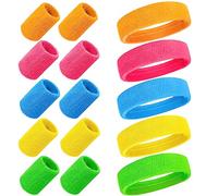 mizikuu 15 Pcs Sports Headband Wristbands, 80s Sweatbands Wristbands Set Neon Workout Cotton Headbands Absorbent Nonslip Stretchy Colourful Headband Sweatband for Men Women Gym Sports Yoga