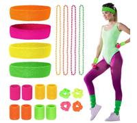 mizikuu 20Pcs Sports Headband and Wristband Set, 80s Neon Sweat Bands Absorbent for Gym Sports Yoga Running Sweatbands for Women Soft and Elastic