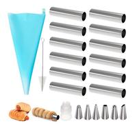 mizikuu 21pcs Cannoli Tubes Molds Set, Stainless Steel Baking with 12 Non-Stick Tubular Cannoli Molds and 6 Piping Tips Silicone Piping Bag Coupler Cleaning Brush Baking Mould for Cannoli Cake Cream