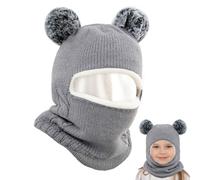 mizikuu Baby Winter Warm Hats, Toddler Earflap Beanies Knitted Hooded Scarf for Babies Windproof White Balaclava with Double Pompom Gray