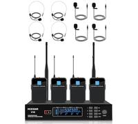 MIZISNR 4 Channel Wireless Lapel Microphone, Set of 4 Headset & Lavalier Mics with 4x50 Adjustable Frequency UHF Metal Receiver, 300ft Range Microphone System for Church, Karaoke, Preaching, Wedding