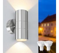 Mizlay Outdoor Wall Lights IP44,Up Down Lights 2X 5W GU10 Bulb Included,Outside Security Lights Mains Powered, Wall Mounted Sconce for Porch Front Door Pack of 1 Silver