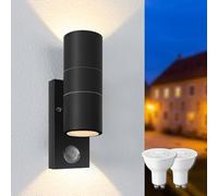 Mizlay Outdoor Wall Lights with Montion Sensor IP44,Up Down Lights 2X 5W GU10 Bulb Included,Outside Security Lights Mains Powered, Wall Mounted Sconce for Porch Front Door Pack of 1