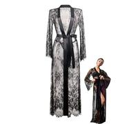 MIZSPISE Lingerie for Women Long Lace Boudoir Outfits Sheer Gown Sexy Kimono Robe Swimsuit Cover Up Exotic V Neck Nightgowns (UK, Alpha, One Size, Regular, Regular, black)