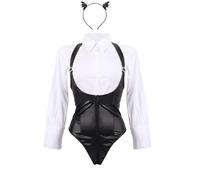 MIZSPISE Sexy Outfits Women White Shirts and Leather Bodysuit Lingerie Sets Naughty Bodycon Cosplay Casual Party Cocktail Club Costume 2 Piece Zipper Snap Buttons Long Sleeve Suit