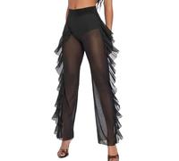 MIZSPISE Transparent Flared Trousers Women's Wide Leg Trousers Transparent Mesh Beach Trousers Elastic Bikini Cover Up Ruffle High Waist Long Pants Mesh Swimsuit Party Rave Outfit Costume