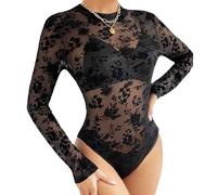 MIZSPISE Women's Sheer Tulle Long Sleeve Top, Elegant Lace Bodysuit, Cocktail Party Club Blouse, Evening Wedding Blouse, Black S-L (UK, Alpha, L, Regular, Regular, Black)