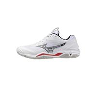 Mizuno Wave Stealth 6 Men's Handball Shoes, White with Black and Red Details, Artificial Leather and Mesh Upper, White Red, 8.5 UK