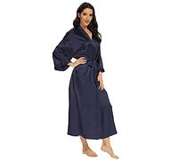 MizzGenio Women's Long Silk Robes Lightweight Long Satin Robes Full Length Sleepwear Dressing Gown, Pure Navy, L-x-L