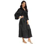 MizzGenio Women's Long Silk Robes Lightweight Long Satin Robes Full Length Sleepwear Dressing Gown, Pure Black, S-M