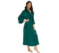 MizzGenio Women's Long Silk Robes Lightweight Long Satin Robes Full Length Sleepwear Dressing Gown, Pure Dark Green, 4XL/5XL