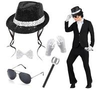 MJ Costume Accessories Adults Disco Costume Set 80s Dancer Rocker Star Cosplay Fancy Dress Accessories with Jazz Sequin Hat Glove Tie King of Pop Fancy Dress Set for 80 Theme Party Carnival Dance