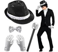 MJ Costume Accessories Adults Disco Costume Set 80s Dancer Rocker Star Cosplay Fancy Dress Accessories with Jazz Sequin Hat Glove Bow Tie Microphone King of Pop Fancy Dress Set for Carnival Party-E