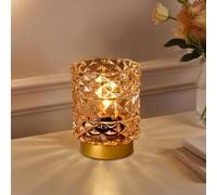 MJ PREMIER Battery Operated Lamp, Small Cordless Lamp with Timer, Amber | Crystal Glass Lampshade, Small Table Lamps for Area No Plug, Decorative Led Light for Bedroom Living Room Shelf
