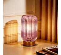 MJ PREMIER Battery Operated Lamp, Small Cordless Lamp with Timer, Purple | Vertical Stripes Glass Lampshade, Small Table Lamps for Area No Plug, Decorative Led Light for Bedroom Living Room Shelf
