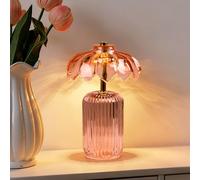 MJ PREMIER Cordless Lamp, Battery Operated Lamp with Timer, Crystal Glass Flower Lampshade, Bedside Table Lamps, Decorative Led Warm Light for Bedroom Living Room Shelf (S-Pink)