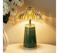 MJ PREMIER Cordless Lamp, Battery Operated Lamp with Timer, Crystal Glass Flower Lampshade, Small Table Lamps, Decorative Led Light for Bedroom Living Room Shelf (L-Green)