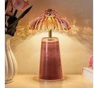 MJ PREMIER Cordless Lamp, Battery Operated Lamp with Timer, Crystal Glass Flower Lampshade, Small Table Lamps, Decorative Led Light for Bedroom Living Room Shelf (L-Pink)