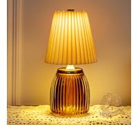 MJ PREMIER Cordless Lamps, Small Battery Operated Lamp Timer, Glass Battery Powered Lamps with Beige Pleated Lamp Shade Modern, Table Centerpiece for Living Room/Bedroom/Tabletop/Entryway (Beige)