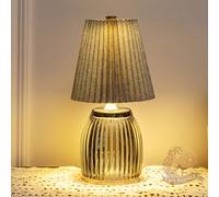 MJ PREMIER Cordless Lamps, Small Battery Operated Lamp Timer, Glass Battery Powered Lamps with Grey Pleated Lamp Shade Modern, Table Centerpiece for Living Room/Bedroom/Tabletop/Entryway (Grey)