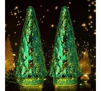 MJ PREMIER Glass Christmas Tree, Set of 2 Mini Christmas Tree with LED, Battery Operated Table Lamp & Timer, Glass Artificial Christmas Tree, Christmas Decoration, Christmas Desktop Decoration (Green)