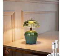 MJ PREMIER Rechargeable Table Lamp, Cordless Lamp with Timer, Mini Glass Mushroom Lampshade, Small Table Lamps, Decorative Led Light for Bedroom Living Room Shelf (Green)