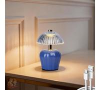 MJ PREMIER Rechargeable Table Lamp, Cordless Lamp with Timer, Mini Glass Mushroom Lampshade, Small Table Lamps, Decorative Led Light for Bedroom Living Room Shelf （Blue）
