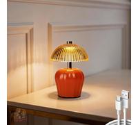 MJ PREMIER Rechargeable Table Lamp, Cordless Lamp with Timer, Mini Glass Mushroom Lampshade, Small Table Lamps, Decorative Led Light for Bedroom Living Room Shelf (Orange)