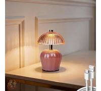 MJ PREMIER Rechargeable Table Lamp, Cordless Lamp with Timer, Mini Glass Mushroom Lampshade, Small Table Lamps, Decorative Led Light for Bedroom Living Room Shelf (Pink)