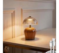 MJ PREMIER Rechargeable Table Lamp, Small Cordless Lamp with Timer, Brown | Mini Glass Mushroom Lampshade, Small Table Lamps, Decorative Led Light for Bedroom Living Room Shelf