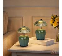 MJ PREMIER Rechargeable Table Lamp, Small Cordless Lamp with Timer, Green*2 | Mini Glass Mushroom Lampshade, Small Table Lamps, Decorative Led Light for Bedroom Living Room Shelf