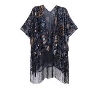 MJ SERECA Women's Burnout Velvet Kimono Cardigan Cover Up with Tassel, Jypj-3, L