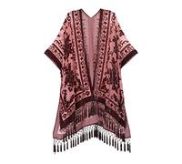 MJ SERECA Women's Burnout Velvet Kimono Long Cardigan Cover Up With Tassel, Choc Straw, One Size
