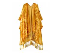 MJ SERECA Women's Burnout Velvet Kimono Long Cardigan Cover Up with Tassel Gold