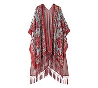 MJ SERECA Women's Burnout Velvet Kimono Long Cardigan Cover Up with Tassel Rusty