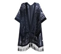MJ SERECA Women's Burnout Velvet Kimono Long Cardigan Cover Up With Tassel, Solid Black, One Size