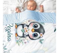MJARTORIA Personalised Nane Blanket, Customised Baby Blanket with Name Text for Girl Adult Soft Bubble Style Rainbow Elephant Blanket 100cm/150cm/200cm (Blue Penguin)
