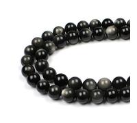 MJDCB Natural Round Stone Beads 8mm Silver Eye Obsidian Loose Gemstone Beads for Jewelry Making Bracelet Necklace 43pcs