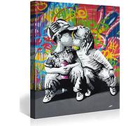 MJEDC Banksy Canvas Wall Art Children Kissing Street Graffiti Art Canvas Prints for Living Room Bedroom Home Decorations Modern Stretched Framed Giclee Artwork 30x40cm(11.8x15.7inch)